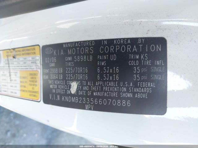 Aukcja sprzedaży 2006 Kia Sedona Ex/lx, vin: KNDMB233566070886, numer aukcji: 46080474