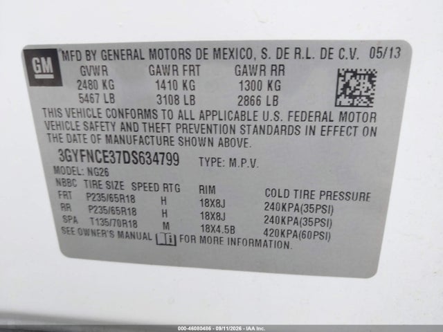 2013 Cadillac Srx Luxury Collection მანქანა იყიდება აუქციონზე, vin: 3GYFNCE37DS634799, აუქციონის ნომერი: 46080486
