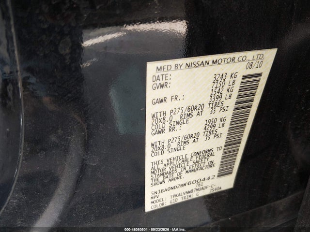 2011 Nissan Armada Sl მანქანა იყიდება აუქციონზე, vin: 5N1BA0ND2BN600442, აუქციონის ნომერი: 46080501