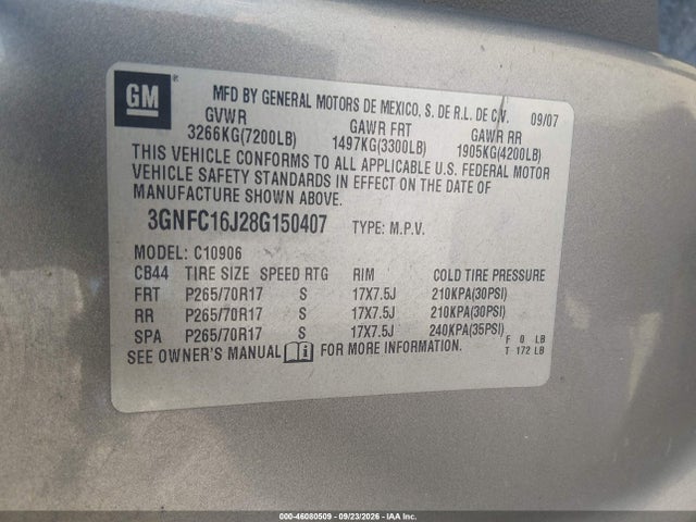 Продаж на аукціоні авто 2008 Chevrolet Suburban 1500 Commercial Fleet, vin: 3GNFC16J28G150407, номер лоту: 46080509