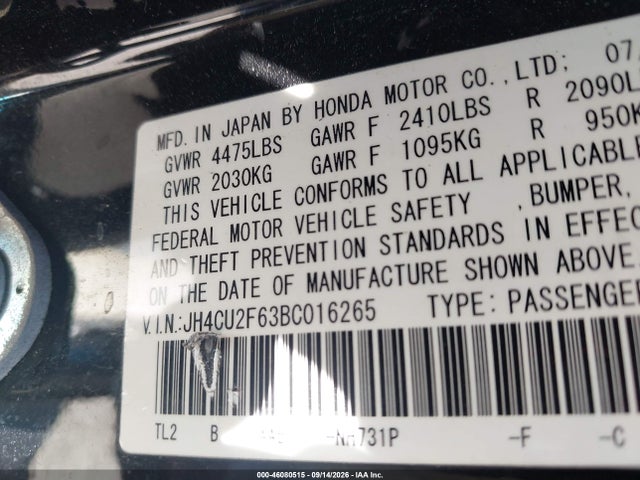46080515 :رقم المزاد ، JH4CU2F63BC016265 vin ، 2011 Acura Tsx 2.4 مزاد بيع