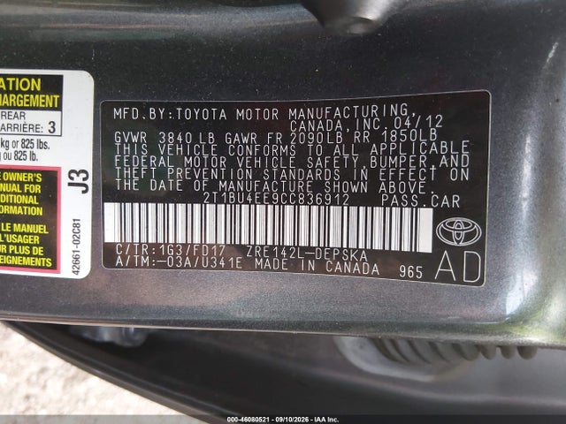 46080521 :رقم المزاد ، 2T1BU4EE9CC836912 vin ، 2012 Toyota Corolla S مزاد بيع
