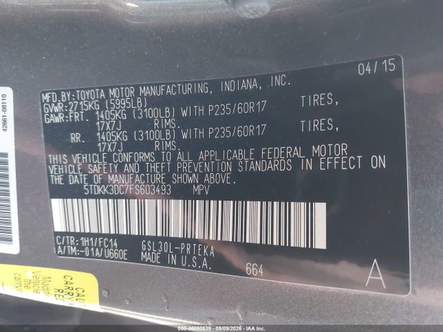 Продажа на аукционе авто 2015 Toyota Sienna Le 8 Passenger, vin: 5TDKK3DC7FS603493, номер лота: 46080539