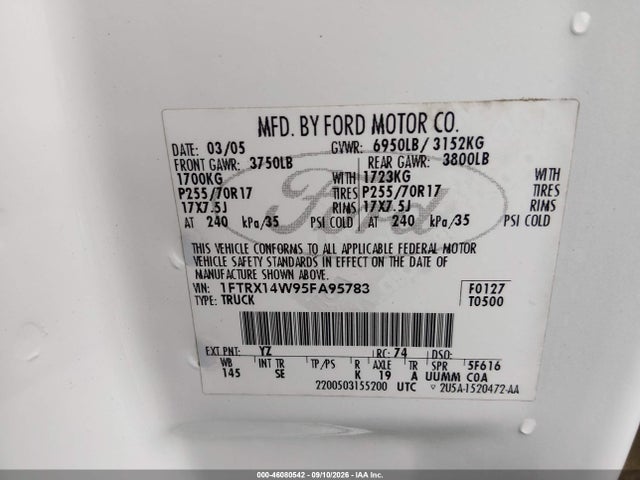 2005 Ford F-150 Stx/xl/xlt მანქანა იყიდება აუქციონზე, vin: 1FTRX14W95FA95783, აუქციონის ნომერი: 46080542