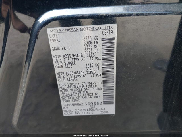 46080553 :رقم المزاد ، 5N1DL0MM6KC569552 vin ، 2019 Infiniti Qx60 Luxe مزاد بيع