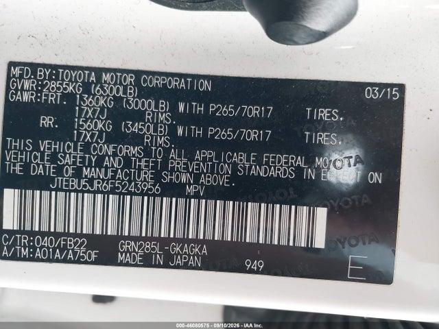 Aukcja sprzedaży 2015 Toyota 4runner Sr5, vin: JTEBU5JR6F5243956, numer aukcji: 46080575