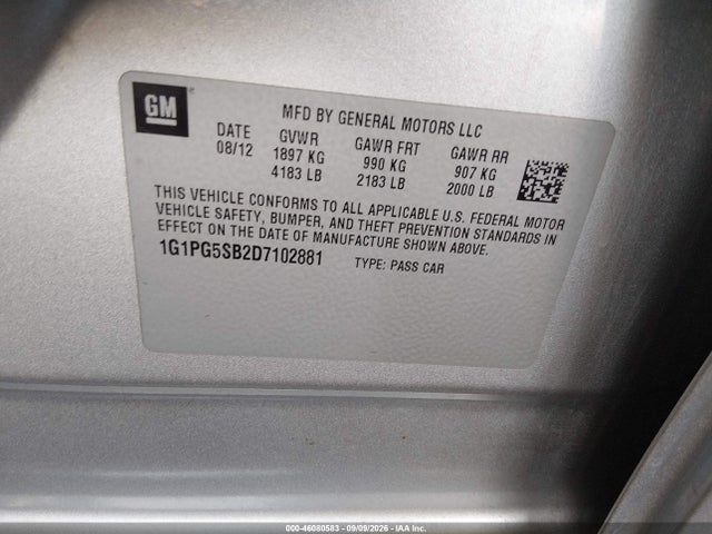 Auction sale of the 2013 Chevrolet Cruze Ltz, vin: 1G1PG5SB2D7102881, lot number: 46080583