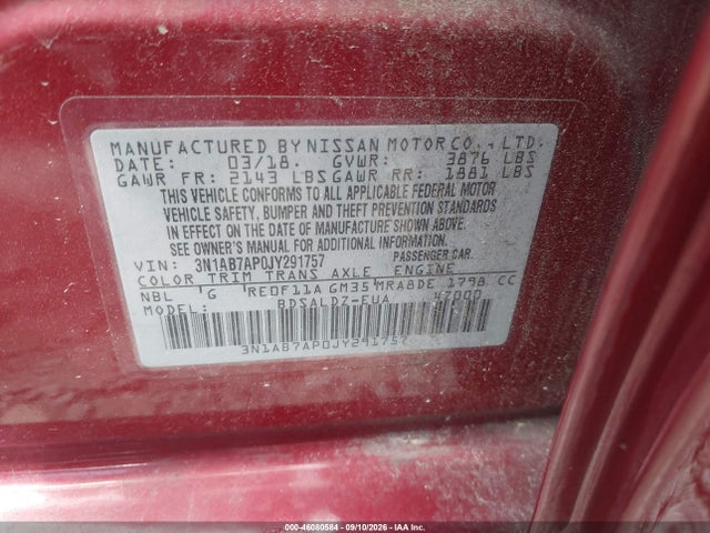 2018 Nissan Sentra Sv მანქანა იყიდება აუქციონზე, vin: 3N1AB7AP0JY291757, აუქციონის ნომერი: 46080584