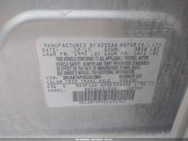 46080593 :رقم المزاد ، 3N1AB7AP4EL631964 vin ، 2014 Nissan Sentra Fe+ S/fe+ Sv/s/sl/sr/sv مزاد بيع