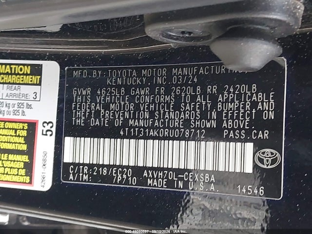 2024 Toyota Camry Hybrid Se Nightshade მანქანა იყიდება აუქციონზე, vin: 4T1T31AK0RU078712, აუქციონის ნომერი: 46080597