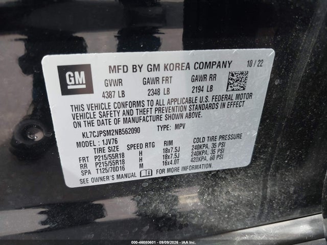 Продаж на аукціоні авто 2022 Chevrolet Trax Awd Lt, vin: KL7CJPSM2NB562090, номер лоту: 46080601