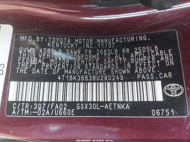 Продаж на аукціоні авто 2008 Toyota Avalon Xl, vin: 4T1BK36B38U280249, номер лоту: 46080622