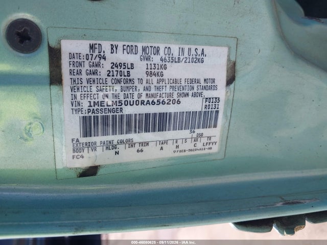 Продажа на аукционе авто 1994 Mercury Sable Gs, vin: 1MELM50U0RA656206, номер лота: 46080625