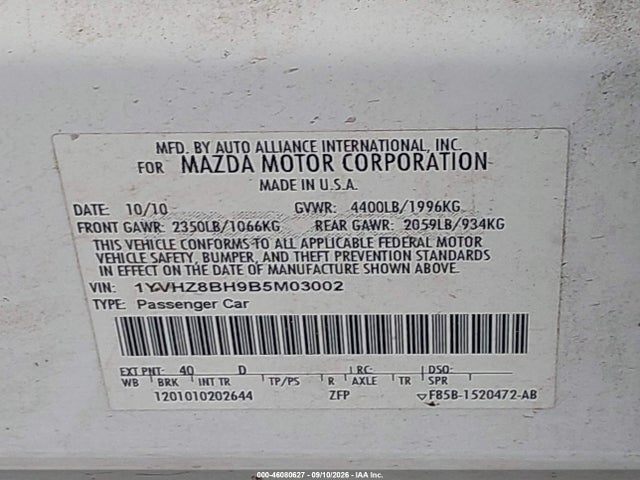 Продаж на аукціоні авто 2011 Mazda Mazda6 I Sport, vin: 1YVHZ8BH9B5M03002, номер лоту: 46080627