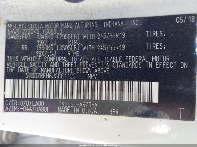 5TDDZRFH6JS881133 Toyota Highlander Limited Platinum
