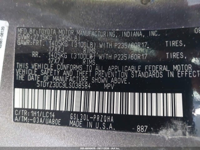 46080639 :رقم المزاد ، 5TDYZ3DC9LS038584 vin ، 2020 Toyota Sienna Xle مزاد بيع