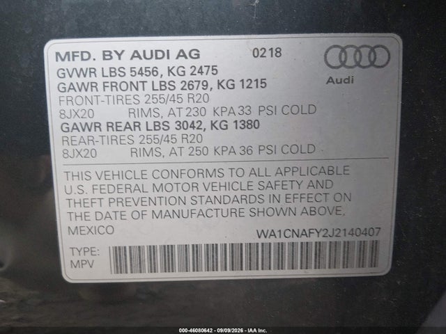 Aukcja sprzedaży 2018 Audi Q5 2.0t Premium/2.0t Tech Premium, vin: WA1CNAFY2J2140407, numer aukcji: 46080642
