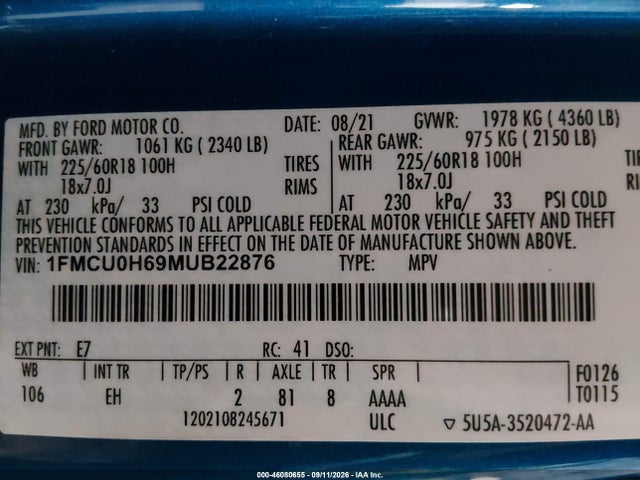 Aukcja sprzedaży 2021 Ford Escape Sel, vin: 1FMCU0H69MUB22876, numer aukcji: 46080655