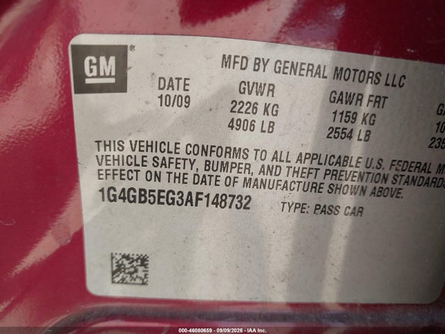 2010 Buick Lacrosse Cx მანქანა იყიდება აუქციონზე, vin: 1G4GB5EG3AF148732, აუქციონის ნომერი: 46080659