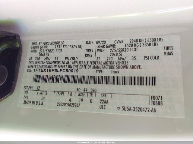 Продаж на аукціоні авто 2020 Ford F-150 Xl, vin: 1FTEX1EP6LFC80019, номер лоту: 46080677