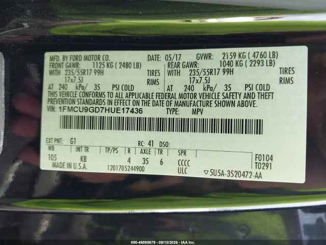 2017 Ford Escape Se მანქანა იყიდება აუქციონზე, vin: 1FMCU9GD7HUE17436, აუქციონის ნომერი: 46080679