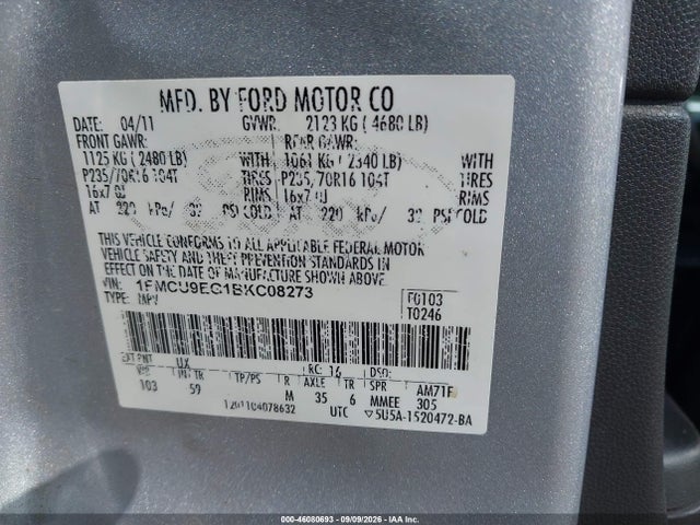 Продажа на аукционе авто 2011 Ford Escape Limited, vin: 1FMCU9EG1BKC08273, номер лота: 46080693
