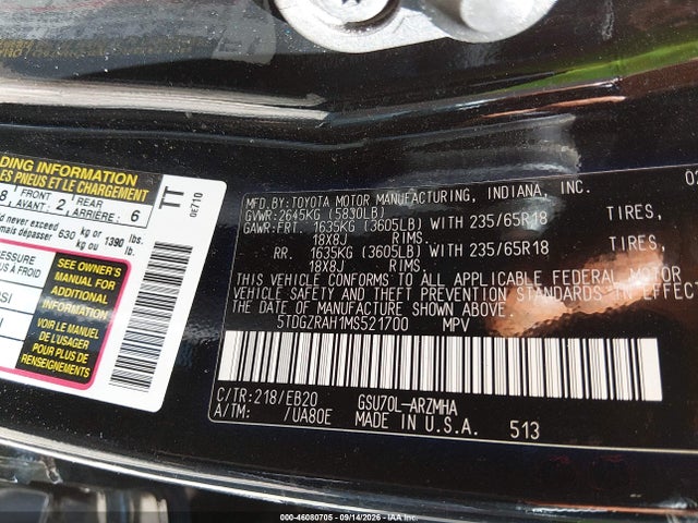 Aukcja sprzedaży 2021 Toyota Highlander Xle, vin: 5TDGZRAH1MS521700, numer aukcji: 46080705