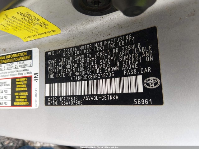 2011 Toyota Camry Le მანქანა იყიდება აუქციონზე, vin: 4T4BF3EK8BR218736, აუქციონის ნომერი: 46080706