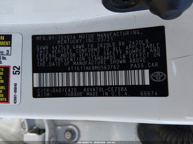 Aukcja sprzedaży 2021 Toyota Camry Se, vin: 4T1G11AK8MU563762, numer aukcji: 46080715