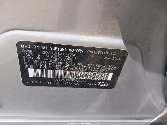 46080722 :رقم المزاد ، ML32AUHJ9RH017519 vin ، 2024 Mitsubishi Mirage Es/le مزاد بيع