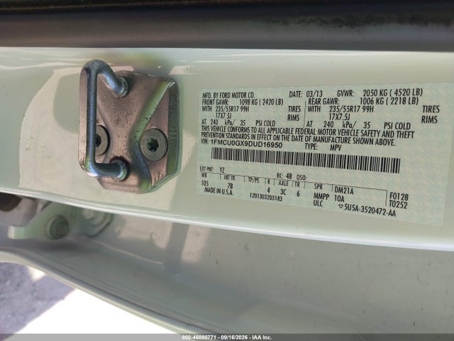 2013 Ford Escape Se მანქანა იყიდება აუქციონზე, vin: 1FMCU0GX9DUD16950, აუქციონის ნომერი: 46080771