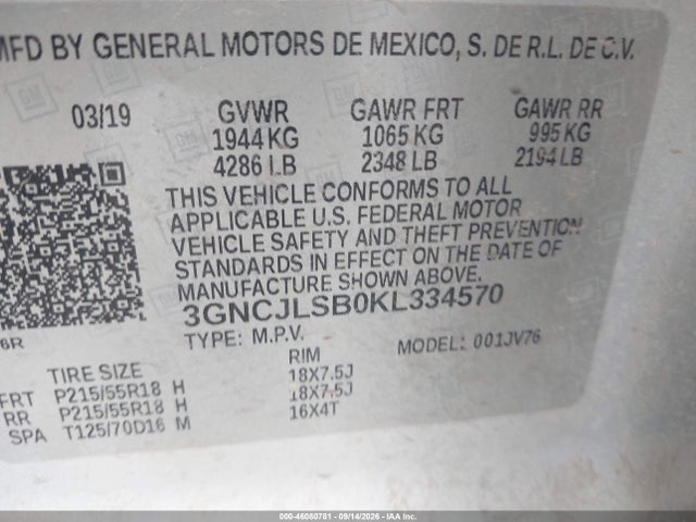 3GNCJLSB0KL334570 Chevrolet Trax Lt