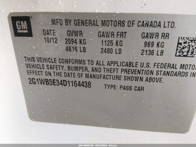 Auction sale of the 2013 Chevrolet Impala Lt, vin: 2G1WB5E34D1164438, lot number: 46080786