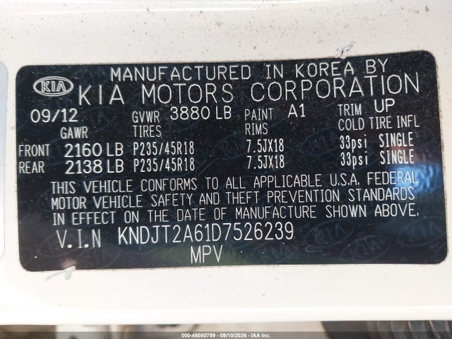 46080799 :رقم المزاد ، KNDJT2A61D7526239 vin ، 2013 Kia Soul ! مزاد بيع