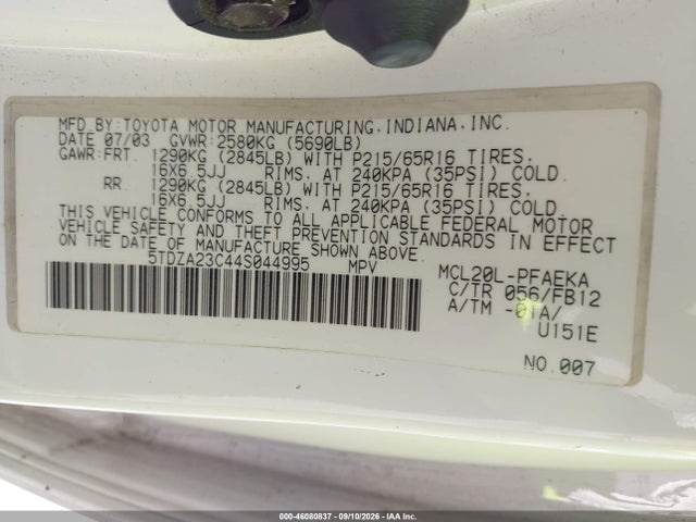 46080837 :رقم المزاد ، 5TDZA23C44S044995 vin ، 2004 Toyota Sienna Le مزاد بيع