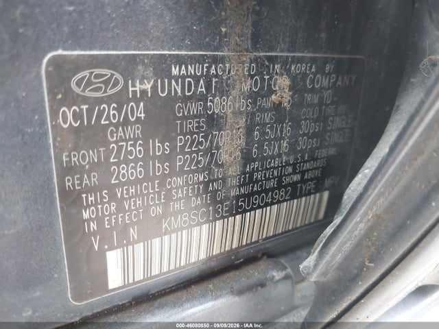 Продажа на аукционе авто 2005 Hyundai Santa Fe Gls/lx, vin: KM8SC13E15U904982, номер лота: 46080850
