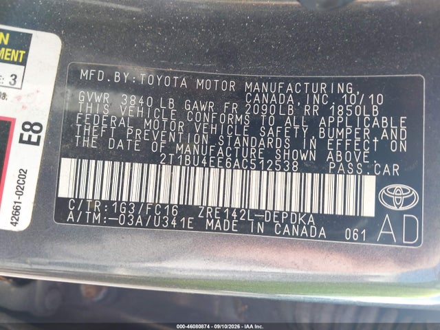 2010 Toyota Corolla Le მანქანა იყიდება აუქციონზე, vin: 2T1BU4EE6AC512538, აუქციონის ნომერი: 46080874