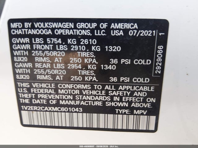 46080887 :رقم المزاد ، 1V2ER2CAXMC601043 vin ، 2021 Volkswagen Atlas 3.6l V6 Sel مزاد بيع