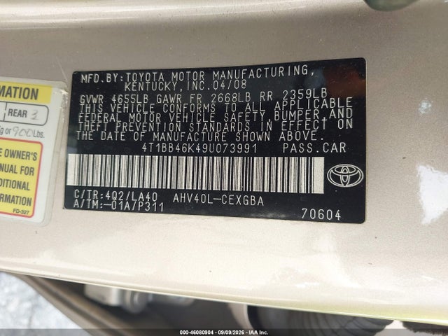 2009 Toyota Camry Hybrid მანქანა იყიდება აუქციონზე, vin: 4T1BB46K49U073991, აუქციონის ნომერი: 46080904