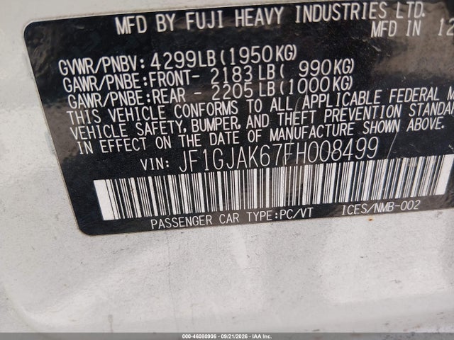 2015 Subaru Impreza 2.0i Premium მანქანა იყიდება აუქციონზე, vin: JF1GJAK67FH008499, აუქციონის ნომერი: 46080906