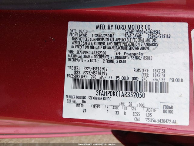 2010 Ford Fusion Sport მანქანა იყიდება აუქციონზე, vin: 3FAHP0KC1AR352050, აუქციონის ნომერი: 46080907