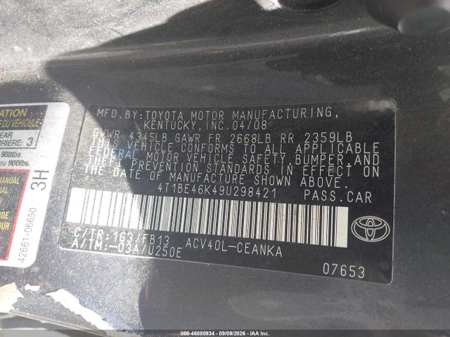 Продаж на аукціоні авто 2009 Toyota Camry Le, vin: 4T1BE46K49U298421, номер лоту: 46080934