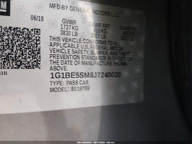 Продажа на аукционе авто 2018 Chevrolet Cruze Lt Auto, vin: 1G1BE5SM8J7240020, номер лота: 46080935