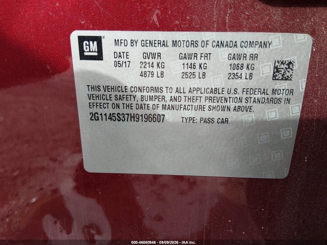 Auction sale of the 2017 Chevrolet Impala 2lz, vin: 2G1145S37H9196607, lot number: 46080946