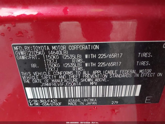 46080958 :رقم المزاد ، JTMRFREV6FJ050614 vin ، 2015 Toyota Rav4 Xle مزاد بيع