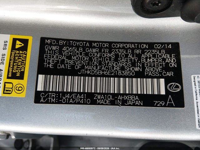 JTHKD5BH6E2183850 Lexus CT 200H