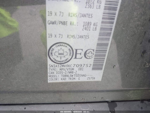 46080992 :رقم المزاد ، 5N1AT2MV4KC709752 vin ، 2019 Nissan Rogue S/sl/sv مزاد بيع