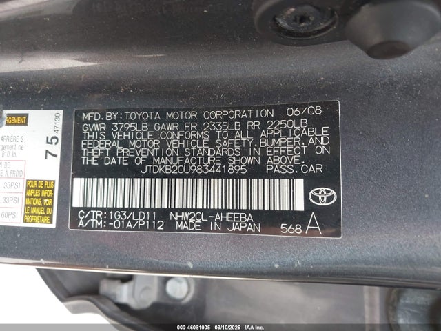46081005 :رقم المزاد ، JTDKB20U983441895 vin ، 2008 Toyota Prius مزاد بيع