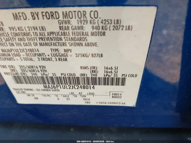 2018 Ford Ecosport Se მანქანა იყიდება აუქციონზე, vin: MAJ6P1UL2JC248014, აუქციონის ნომერი: 46081010