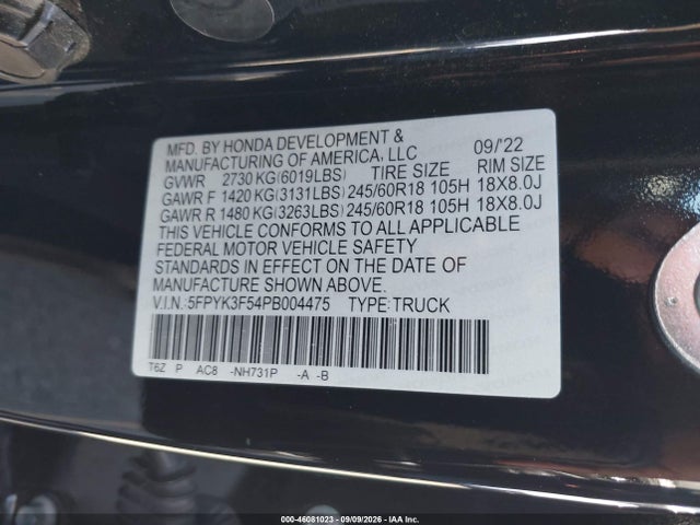 46081023 :رقم المزاد ، 5FPYK3F54PB004475 vin ، 2023 Honda Ridgeline Rtl مزاد بيع